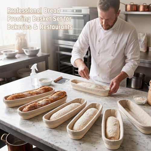 Vesici 17 Inches Baguette Banneton Proofing Basket 6 Pack with Linen Liner Baguette Banneton Bread Baking Baskets Rattan Dough Proofing Baskets for Home Bake, Bakers Supplies, Baking Gifts - Image 4
