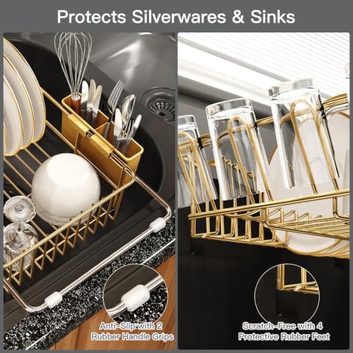 MAJALiS Gold Dish Drying Rack Over Sink with Utensil Holder, Drainboard - Image 6