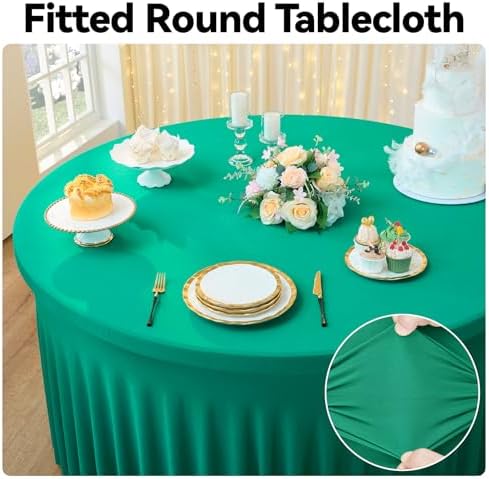 leegleri 6 Pack Emerald Spandex Round Tablecloths, Stretchy 120inch Fitted 5FT Table Cloths with Skirt for Wedding Party Dining Banquet - Image 2