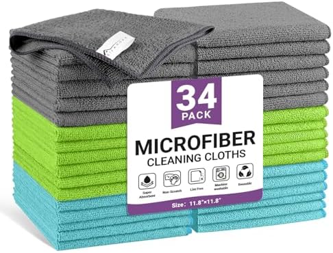 34 Pack Microfiber Cleaning Cloth, 3 Assorted Colors Cleaning Rags for Housekeeping, Colorful Reusable Microfiber Towels for Car, Kitchen, Bathroom and Household Cleaning Supplies, 11.8"X11.8" by Unknown