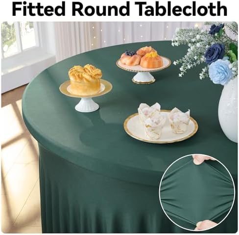 leegleri 6 Pack Hunter Green 60Inch Spandex Round Tablecloths, Stretchy 120inch Fitted 5FT Round Table Cloths, Wrinkle Free Table Cover with Skirt for Wedding Party Dining Banquet - Image 2