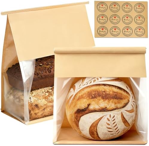 100 Pack Extra Large Paper Bread Bags for Homemade Bread Sourdough Bags, 12.2x10.6x6.1 Inches Resealable Tin Tie Tab Lock Bakery Loaf Bag with Window, Baked Goods Packaging for Gifting and Bake Sale by GOULIKFUL