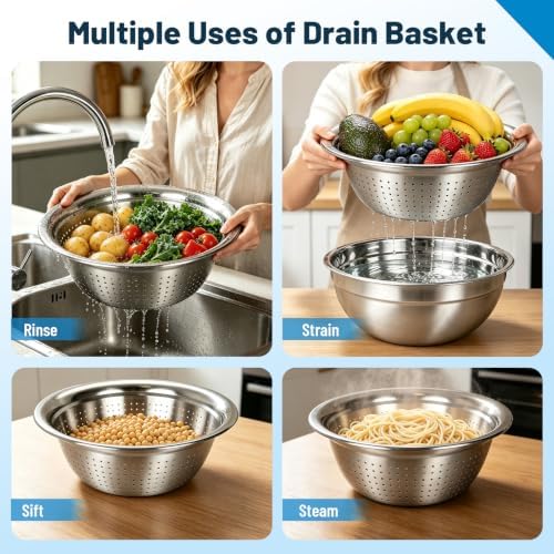 Stainless Steel Mixing Bowls with Lids and Colander Set - Image 4
