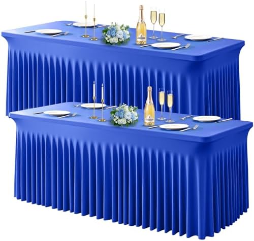 Wish Care 2 Pack Royal Blue Spandex Table Clothes for 4 Foot Rectangle Tables, 4FT Wrinkle Free Fitted Tablecloths Ruffles Design Table Cloth for Party, Banquet, Wedding and Events by WishCare