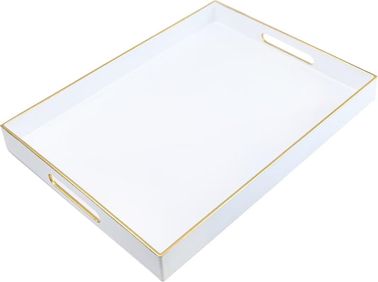 Spsyrine White Plastic Serving Tray for Ottoman, Coffee Table, Rectangle Decorative Tray for Entertaining, Outdoor, Living Room, Home Decor