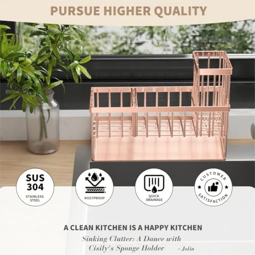 Cisily Sink Caddy Organzier with High Brush Holder, Sponge Holder for Sink, 304 Rustproof Stainless, Kitchen Countertop Soap Dispenser Organizer, Rose Gold Kitchen Decor and Accessories - Image 6