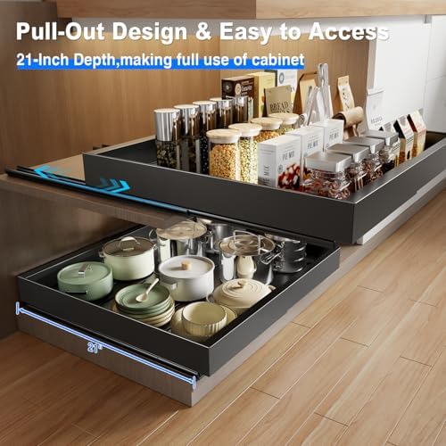 MUSTORN Expandable Pull Out Cabinet Organizer, 21"Deep Slide Out Drawer for Cabinets Adhesive Pull Out Drawers Heavy Duty Pull Out Shelves for Kitchen, Cupboard, Pantry, Bathroom(Black,1-Pack) - Image 4