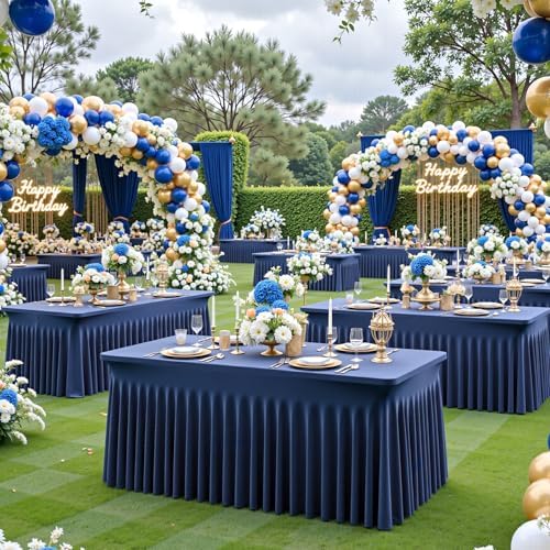 2 Pack 8ft Navy Blue Spandex Table Cloths for Rectangle Tables Wrinkle Free Rectangle Tablecloths, Stretch Fitted Table Cover with Skirt for Birthday Party Wedding Banquet Baby Shower Buffet Event - Image 2