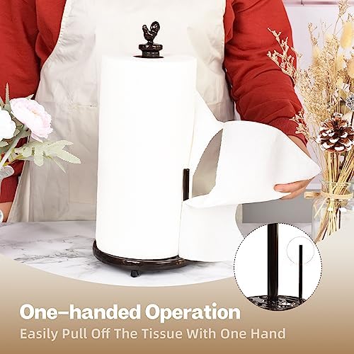 Cast Iron Rooster Paper Towel Holder for Kitchen Countertop - Vintage Coffee Gold Farmhouse Decor, Heavy Weighted Base Standing Dispenser for Easy One-Handed Tear, Fits Jumbo Rolls - Image 4