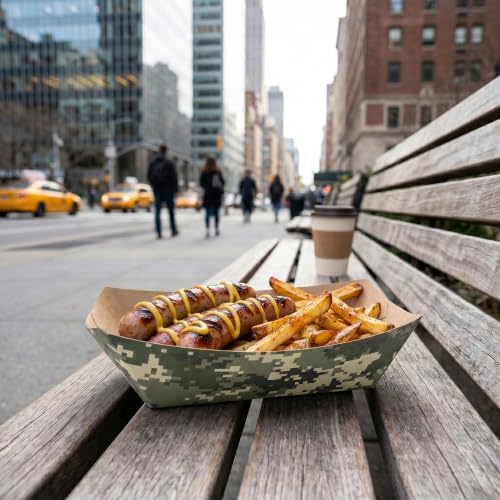 Restaurantware-Bio Tek 1 Pound Food Trays, 50 Disposable Paper Food Trays - Heavy-Duty, Greaseproof, Camouflage Paper Food Boats, For Snacks, Appetizers, Or Treats, Use At Parties Or Carnivals - Image 4