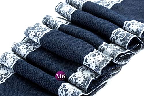 VDS Pack of 10, Burlap Table Runner with White Lace Edge, 100% Natural Jute Rustic Hessian Table Cloth Centerpiece for Wedding Birthday Party Banquet Table Decoration (Size 12X108 Inch)(Navy Blue) - Image 2