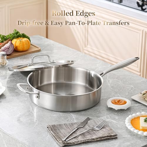 DELARLO 5 Quart Saute Pan Tri-Ply Stainless Steel Pan - Image 6