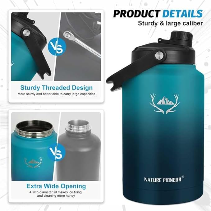 NATURE PIONEOR 1 Gallon (128oz) Insulated Water Bottle Jug with Carrier Bag | 18/8 Food-grade Stainless Steel, Double Vacuum Insulation, Wide-Mouth, Straw & Spout Lid, Strap, Camping, Hiking, Gym, Work - Image 5