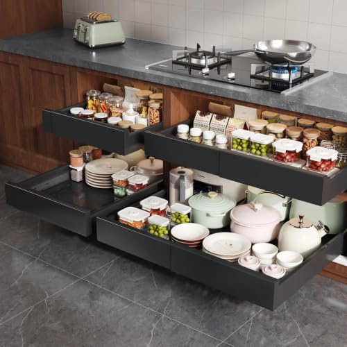 Seinloes 4 Pack Pull Out Cabinet Organizer Expandable Width(15"-25") and Depth(17"-24"),Slide Out Drawers With Raising Pad for Framed Cabinets,No Drill Roll Out Shelves for Kitchen,Bathroom,Black by Seinloes