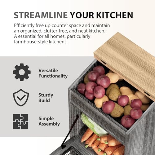 ONG Wooden Potato and Onion Storage Bin Set of 2 - Double Bread Box With Grocery Section and Lid, Grey - Image 4