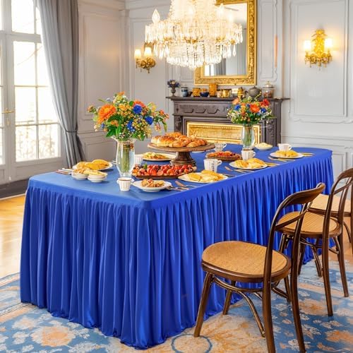 Wish Care Royal Blue Table Clothes for Rectangle Tables 6ft, Wrinkle Resistant Fitted Table Cloth with Pleated Ruffle Skirts for Banquet Wedding Baby Shower Folding Tables - Image 2