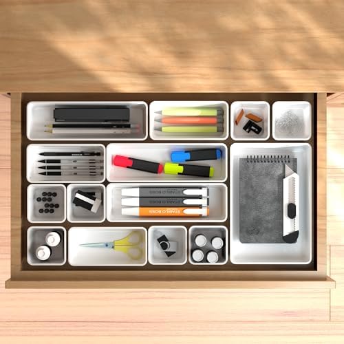 Cetomo 14 Pcs Drawer Organiser Set, Plastic Storage Drawer Organizer, Drawer Dividers, Adjustable and Expandable, Container Tray for Kitchen Utensils, Cosmetic, Makeup, Gadgets, White, 4 Size-14 Pack - Image 6