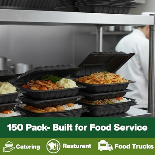 Front Lock MFPP Hinged Food Containers, Black 8" x 8" Vented Clamshell – 1 Compartment Disposable Takeout Boxes, Durable Microwaveable To-Go Containers for Food Service – 150 Pack - Image 3