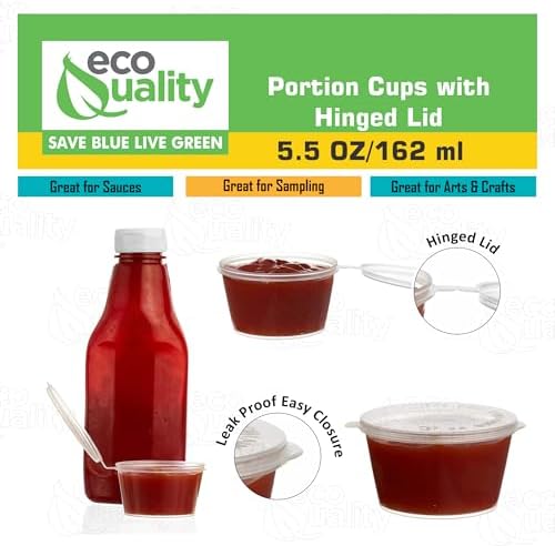 EcoQuality 5.5 Oz Leak Proof Portion Cups with Lids - Plastic Condiment Souffle Containers with Attached Hinged Lid - Perfect for Sauce, Sample, Slime, Jello Shot with Lids, Food Storage (900) - Image 4