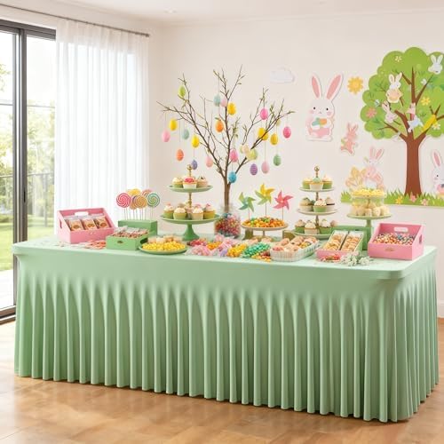 Wish Care 6 Pack Sage Green Spandex Table Clothes for 8 Foot Rectangle Tables, 8FT Wrinkle Free Fitted Tablecloths Ruffles Design Table Cloth for Party, Banquet, Wedding and Events - Image 2