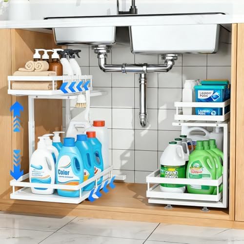2-Tier Metal L-Shaped Pull-Out Under Sink Organizer, White, 2 Pack by jcylq