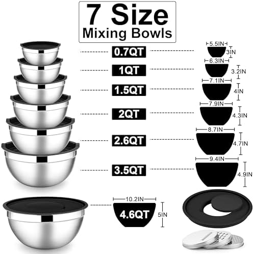 E-far Stainless Steel Mixing Bowls, 7PCS Mixing Bowls with Airtight Lids - Image 5