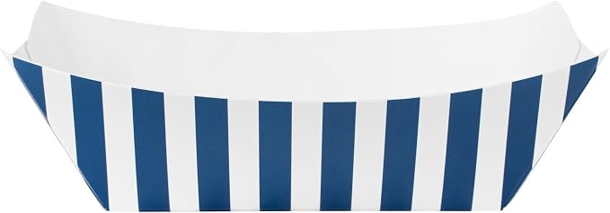 Restaurantware-Bio Tek 6 Ounce Boat Paper Boats, 50 Disposable #40 Food Trays - PE Lining, Durable, 4.88 x 4 x 1.5" Blue And White Striped Paper Food Baskets, For Concession Stands, Picnics, or Fairs - Image 8
