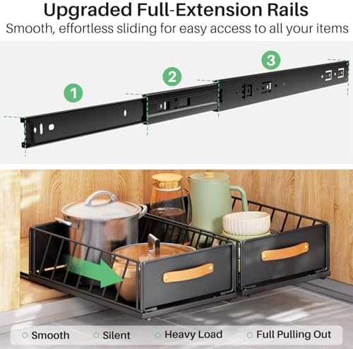 Pull out Cabinet Organizer,Heavy Duty Slide out Pantry Shelves Drawer Storage with Adhesive Nano Film,Sliding Mesh Cabinet Basket with Handle for Kitchen, Bathroom, Home, 13.8"W X 21"D X6.2"H,Black - Image 4