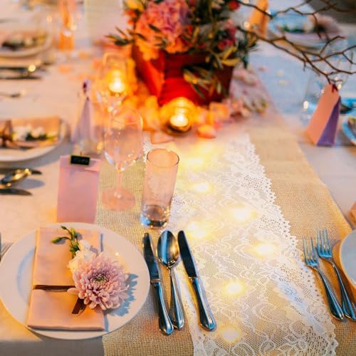 Xinnun 6 Pcs Burlap Table Runner with Lights 12 x 108 Inches Burlap Lace Table Runner Rustic Wedding Decorations Home Party (Flower) - Image 4