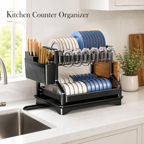 Fandian Black Dish Drying Rack 2 Tier Dish Racks for Kitchen Counter and Sink, Large Dish Drying Rack with Drainboard & Utensil Holders Stainless Steel Dish Drainers Kitchen Organization and Storage - Image 2