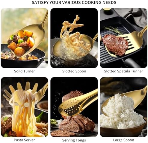 304 Stainlss Steel Matte Kitchen Utensils Set, 12 Pcs Long Metal Cooking Utensil Gadgets Tools Set with Spatula, Ladle, Spoon, Ladle, Skimmer, Tunner, Pasta Server, Tongs(Gold, Dishwasher Safe) - Image 3