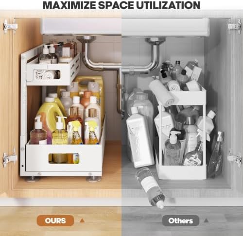 2 Pack 19IN-Depth Under Sink Organizer,Pull Out Cabinet Organizer With Smooth Cylindrical Rail,Metal Slide Out Drawer for Kitchen Bathroom Laundry,8-Level Tool Free Height Adjustable-White - Image 6