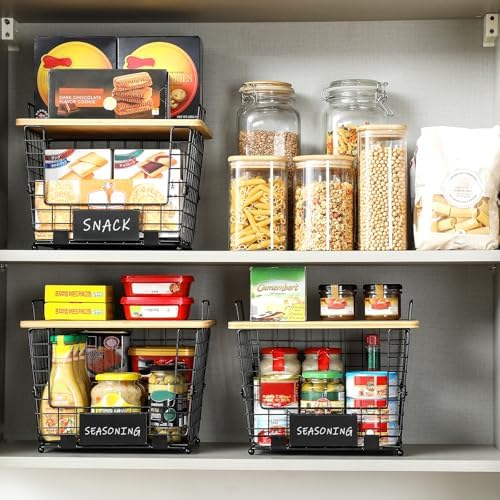 2 Set Large Stackable Wire Basket with Bamboo Tops & Tag- Pantry Organizer and Storage Bins, Kitchen Counter Cabinet Shelf Countertop Under Sink Organizing for Food Snack Produce Onion Potato Bread - Image 2