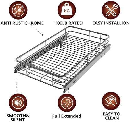 JOWBOOW Pull Out Shelves For Kitchen Cabinets 11" W x 21" D, Chrome | Heavy-Gauge Wire Kitchen Cabinet Organizer, 100 lbs Capacity, Ball-Bearing Glides, Min 12" Opening, Under Sink Organizer - Image 5