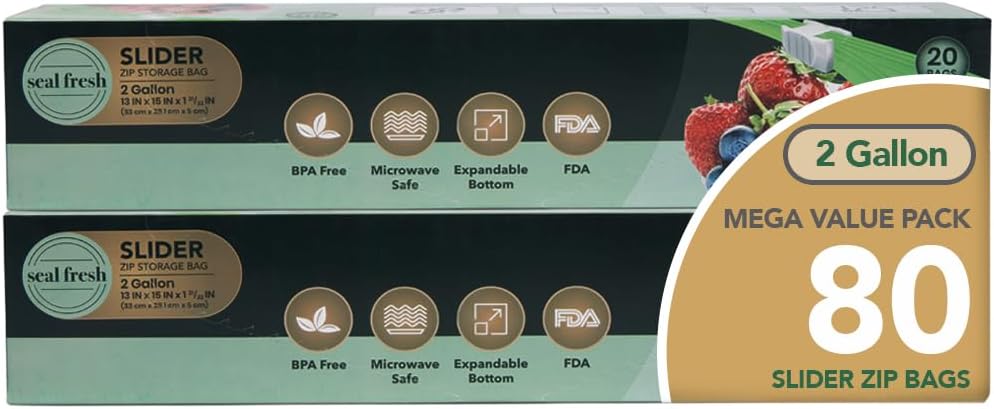 2 Gallon Slider Storage Bags 240 Pack — Jumbo Reusable Freezer Bags with Expandable Bottom, BPA Free, Microwave Safe, Clear Heavy Duty Bags