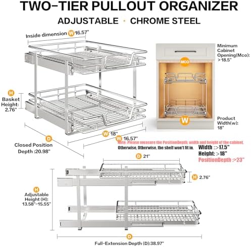 2-Tier Kitchen Cabinet Pull Out Shelf and Drawer Organizer Slide Out Pantry Storaqe Basket in Multiple Sizes (18" W x 21" D) - Image 2