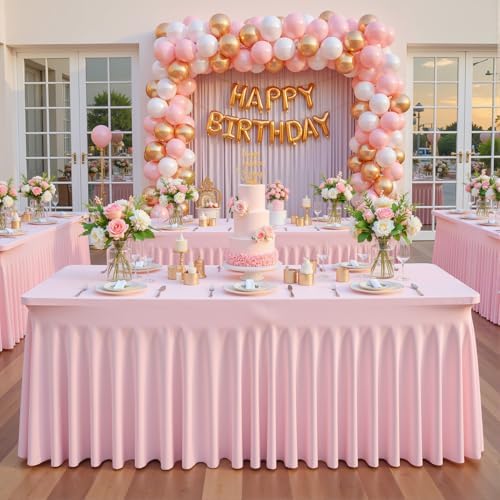 4 Pack Pink Spandex Tablecloths for Rectangle Tables 8 Foot Pink Stretch Table Cloth Rectangle 8ft Elastic Fitted Table Cover with Skirt for Wedding Baby Shower Girl Birthday Party Banquet Buffet - Image 4