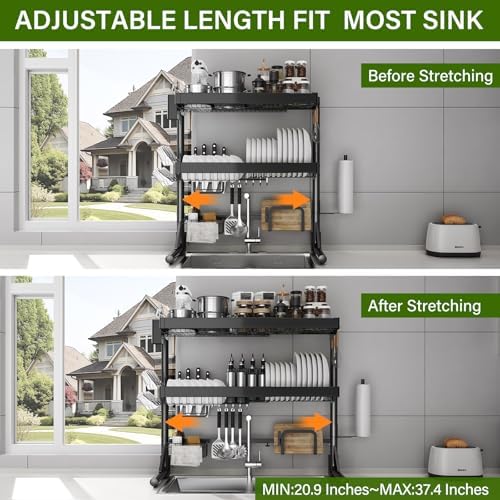 Over Sink Dish Drying Rack, 3-Tier Full Stainless Steel Drainer Dish Rack Adjustable 20.9''-37.4'', Expandable Multifunctional Kitchen Organizer - Image 3
