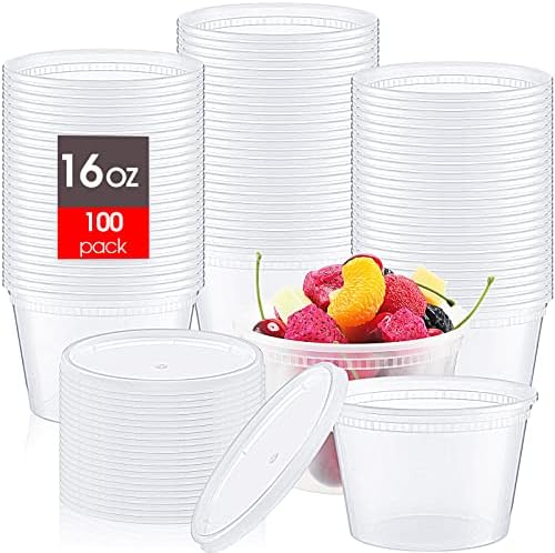 100 Sets 16 oz Plastic Deli Food Containers with Lids Bulk, Clear Airtight Disposable Food Storage Containers, Microwave, Freezer and Dishwasher Safe, for Meal Prep Soup Takeout Meal Prep Storage by Thenshop