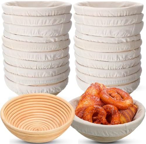 Gejoy 20 Sets Proofing Baskets Banneton with Cloth Liner,Round,9 Inch | Rattan Bread Baskets for Sourdough Baking, Round Banneton Bowls with Linen Liners, Bulk Supplies for Artisan Loaves by Gejoy