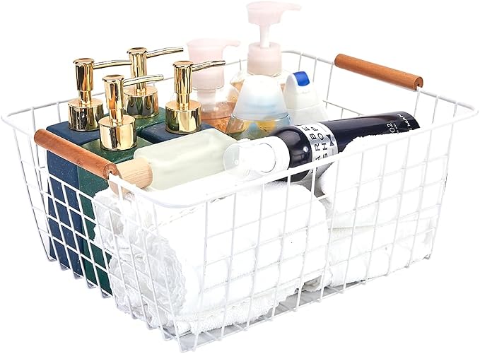 LeleCAT Large white wire baskets with Wooden Handles for storage pantry, Storage Organizer Baskets, Household Refrigerator for Cabinets, Closets, Bedrooms, kitchen - Set of 2（White） - Image 7