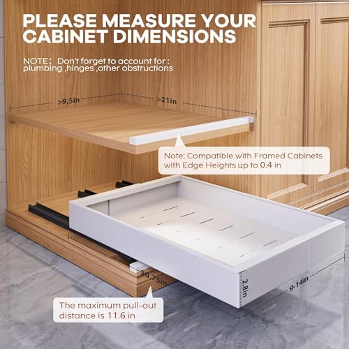 Seinloes 2 Pack Expandable Pull Out Cabinet Organizer 21" Deep with Raising Pad for Framed Cabinets,Upgrade 3 Slide Rails Slide Out Drawers,Roll Out Shelves Adhesive,Adjustable Width 9"-14.1" White - Image 4