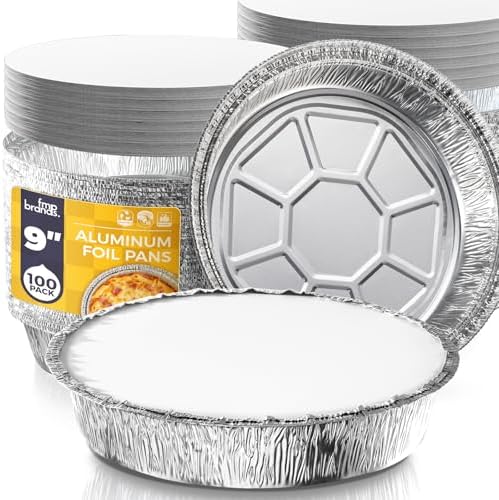 Fit Meal Prep 100 Pack 9” Round Aluminum Foil Pans with Lids, Pie Tins Disposable 9 inch with Lids, Take Out Containers, Freezer Oven Safe Aluminum Baking Pans for Storing, Cooking, Storage, Reheating by FMPBRANDS