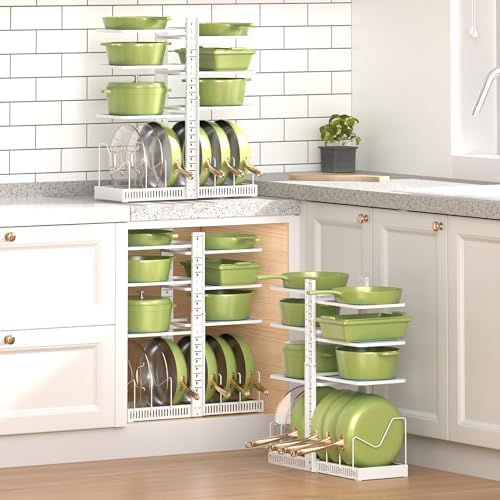 LAMU Pots and Pans Organizer under Cabinet, Pan Pot Organizers inside Cabinet with 6 Shelves and Pot Lid Organizer, Adjustable Height Up to 24", Holds up to 12 Pans, Lightweight Pots, White - Image 7