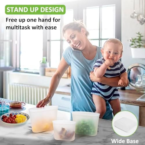100% Silicone Reusable Storage Bag, 9 Pack Stand-Up Wide-Mouth Zip-Lock Food Storage Bags, Easy-Fill Easy-Open Easy-Clean Space-Saving, Microwave & Dishwasher Safe, 3 M/3 S/3 XS, Translucent - Image 5