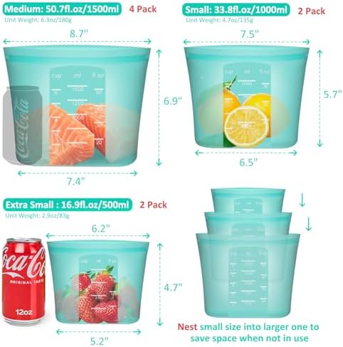Reusable Food Bags, 8 Pack 100% Silicone Food Storage Bags Stand Up Zip Lock Container, Freezer Microwave Oven Dishwasher Safe, 4 Medium 2 Small 2 Extra Small, Aqua - Image 3