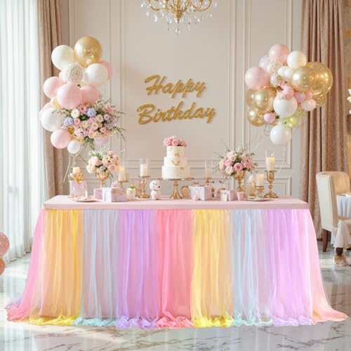 Pastel Rainbow Table Cloths for Parties Tulle Table Skirts Rectangle Tables 6ft Fitted Spandex Table Covers Stretch Elastic Banquet Wedding Baby Shower Birthday Party Table Cloths 6 Foot Rectangle by HBBMAGIC