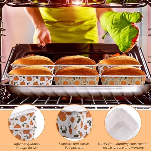 Hushee 50 Sets Fall Paper Loaf Pan 6.3 x 2.2 x 2.2 Inch Disposable Cake Pan Liners with Clear Plastic Bags and Ties Rectangle Paper Baking Mold for Thanksgiving Autumn Bread Cake Bakery(Novel) - Image 3