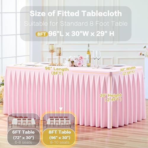 8 Pack Pink Rectangle Tablecloth 8 FT Stretch Spandex Fitted Table Cloth for 8 Foot Rectangle Tables Banquet Tablecloths Wrinkle Free Table Cover Skirt Ruffle Tablecloth for Party Wedding Birthday - Image 5