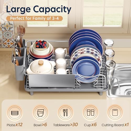KINGRACK Stainless Steel Dish Drying Rack with Cup Holder for Counter, Grey - Image 3
